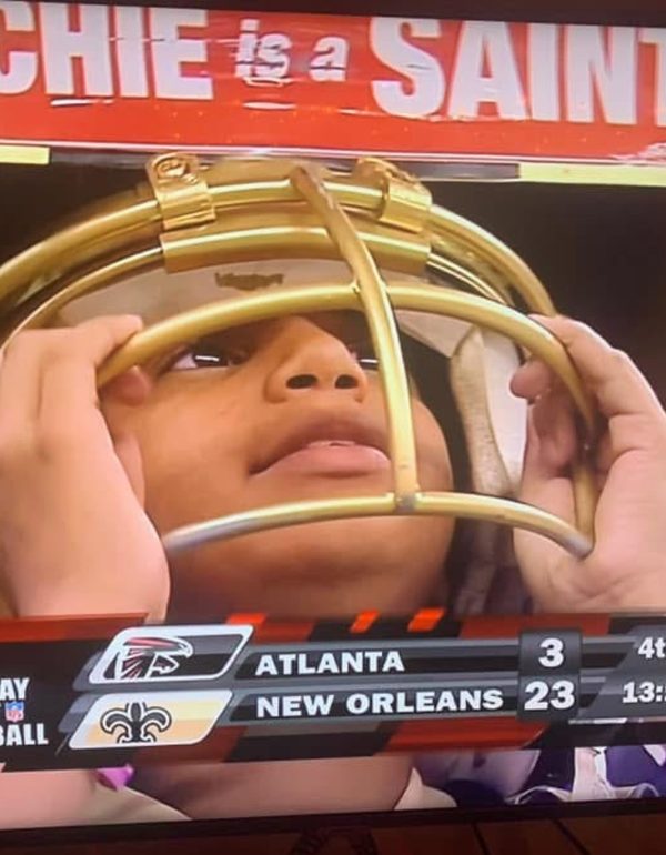 Monty in the whistle helmet on the Monday Night Football broadcast