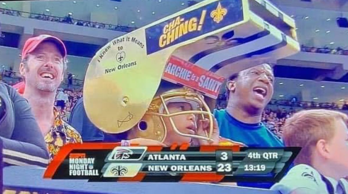 Leroy Mitchell's daughter Monty wearing the giant whistle helmet on ESPN's Monday Night Football broadcast, Saints 23, Falcons 3